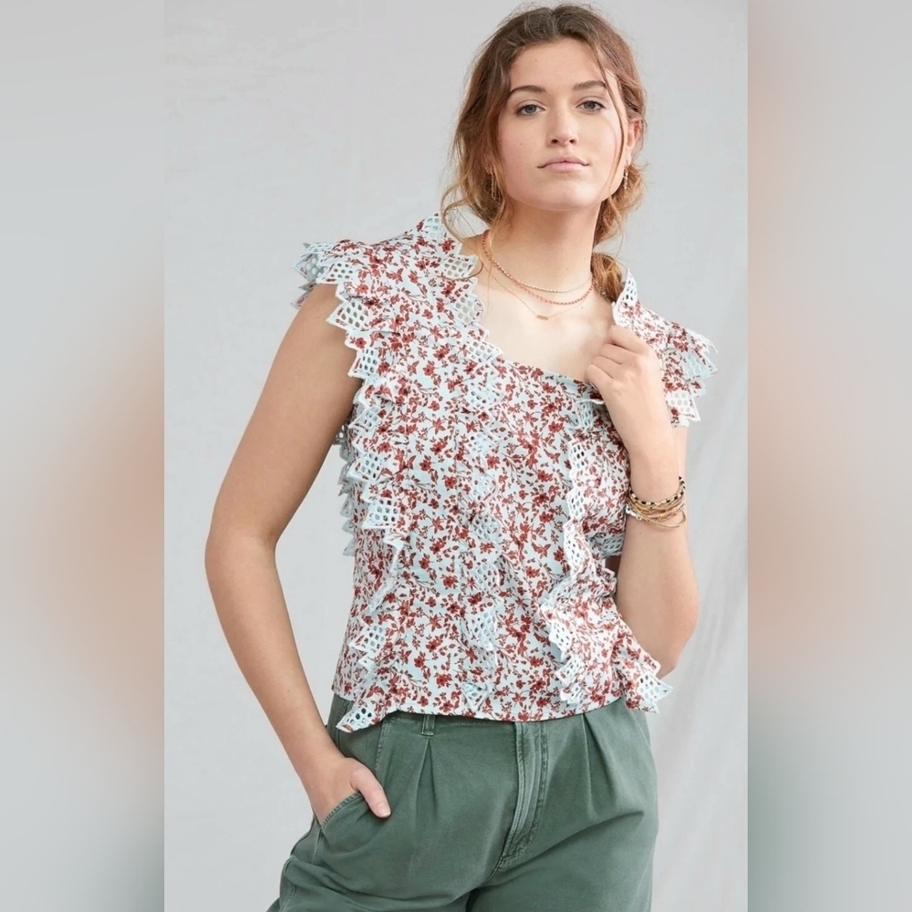 ANTHROPOLOGIE BLUE TASSEL TRINA BACK BOW FLORAL BLOUSE. - Picture 2 of 6
